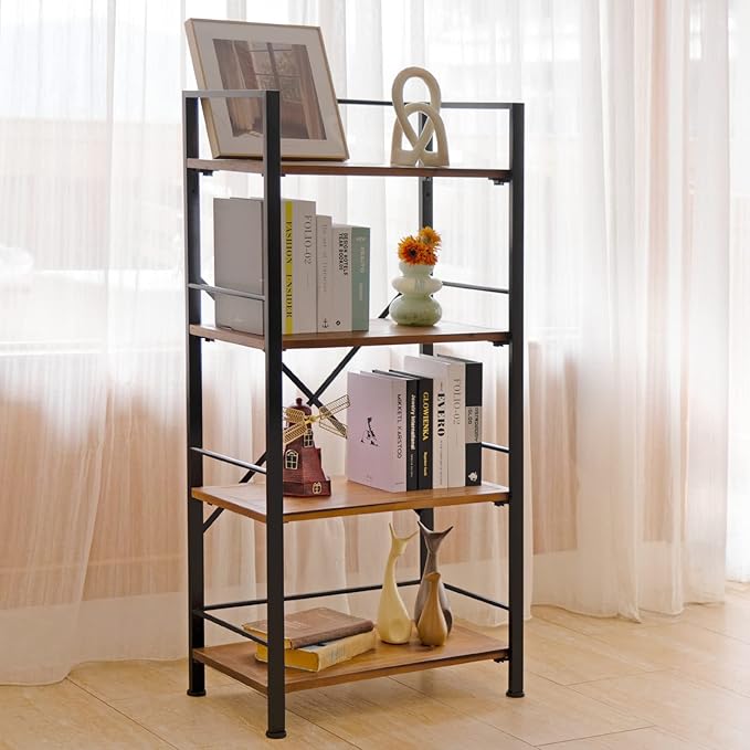Rustic Bookshelf, 4 Tier Real Wood Bookshelf, Metal Book Shelf for Storage, Black Bookcase, 12.6" D x 23.62" W x 50.39" H - LeafyLoom