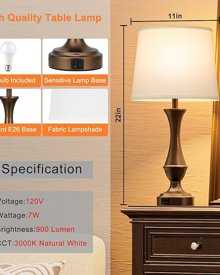 Touch Lamps for Bedrooms Set of 2 - Nightstand Table Lamp with USB C+A, 3 Way Dimmable Bedside Lamps for Living Room End Tables Set of 2, Farmhouse Night Stand Lamps(White&Brown) - LeafyLoom