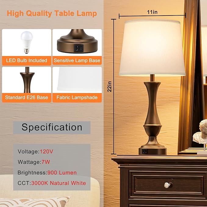 Touch Lamps for Bedrooms Set of 2 - Nightstand Table Lamp with USB C+A, 3 Way Dimmable Bedside Lamps for Living Room End Tables Set of 2, Farmhouse Night Stand Lamps(White&Brown) - LeafyLoom