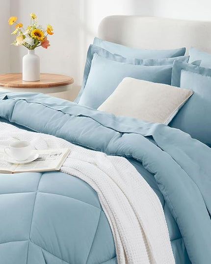 CozyLux Queen Bed in a Bag 7-Pieces Comforter Sets with Comforter and Sheets Light Blue All Season Bedding Sets with Comforter, Pillow Shams, Flat Sheet, Fitted Sheet and Pillowcases - LeafyLoom