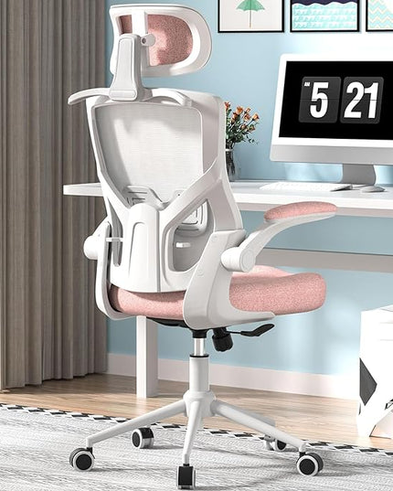 Ergonomic Office Chair, High Back Mesh Desk Chair with Thick Molded Foam Cushion, Coat Hanger, Adjustable Headrest, Lumbar Support, Tilt & Lock Function-Task Chair (Petal Pink) - LeafyLoom