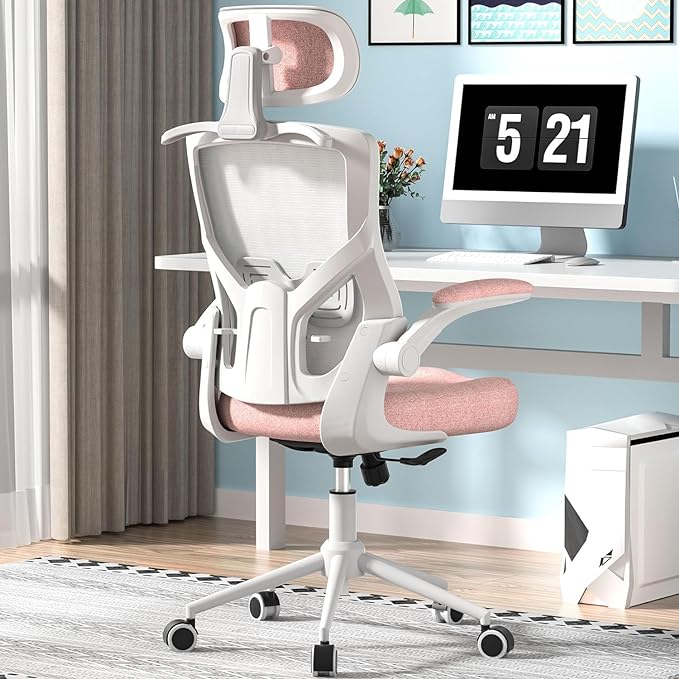 Ergonomic Office Chair, High Back Mesh Desk Chair with Thick Molded Foam Cushion, Coat Hanger, Adjustable Headrest, Lumbar Support, Tilt & Lock Function-Task Chair (Petal Pink) - LeafyLoom