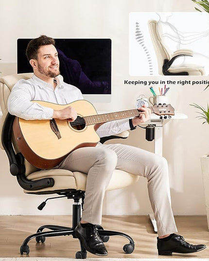JHK Leather Office Chair with Flip Up Arms, Executive High Back Big and Tall Desk Chairs with Ergonomic Lumbar Support, Adjustable Height,Wheels, Soft Padded, Cream - LeafyLoom