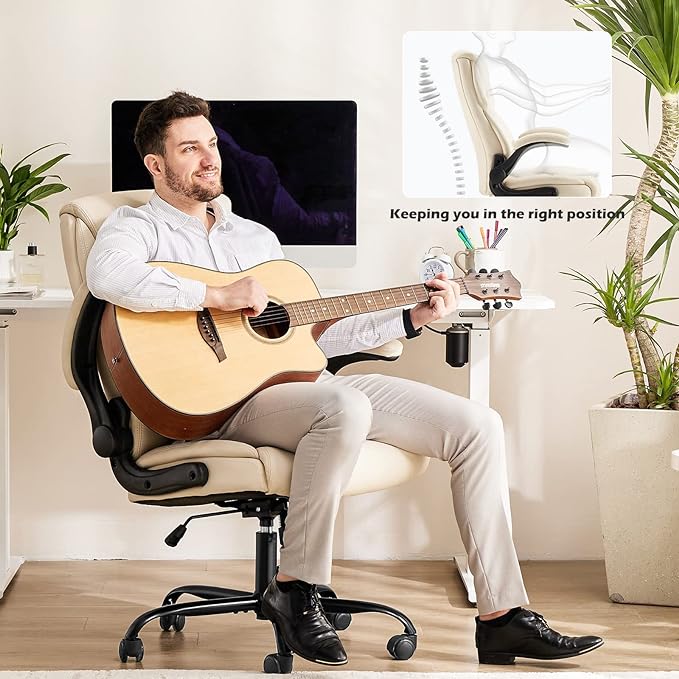 JHK Leather Office Chair with Flip Up Arms, Executive High Back Big and Tall Desk Chairs with Ergonomic Lumbar Support, Adjustable Height,Wheels, Soft Padded, Cream - LeafyLoom