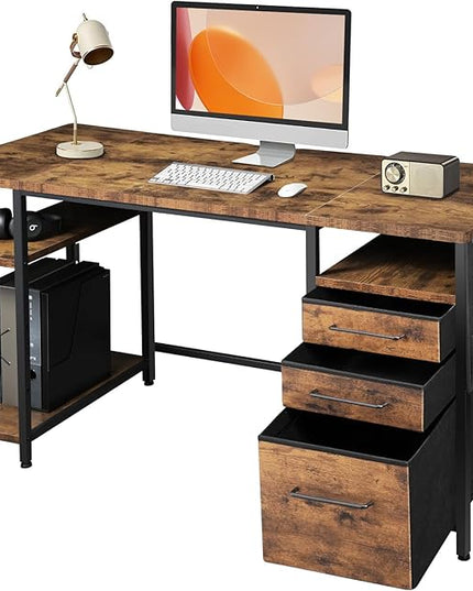Desks with Drawers and Shelves, 59 inch Large Computer Desk. Long Desk Vintage Desk with Storage Bag, Big Office Desk with Adjustable Shelves, Home Office Desk with Metal Frame, Rustic Brown2 - LeafyLoom