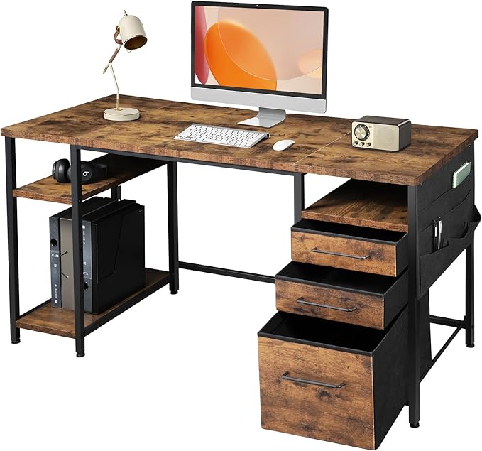 Desks with Drawers and Shelves, 59 inch Large Computer Desk. Long Desk Vintage Desk with Storage Bag, Big Office Desk with Adjustable Shelves, Home Office Desk with Metal Frame, Rustic Brown2 - LeafyLoom