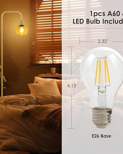 Modern Floor Lamp for Living Room with 6W LED Bulb, Industrial Floor Lamp, Amber Glass, Classic Reading Tall Lamp for Home Office, Standing Lamp for Study, Minimalist, Vintage, Mid Century, Brass Gold - LeafyLoom