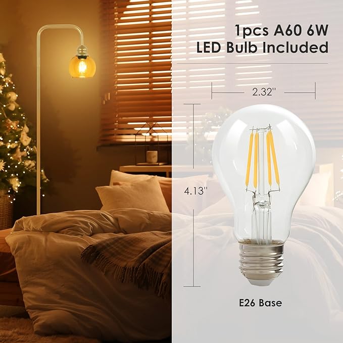 Modern Floor Lamp for Living Room with 6W LED Bulb, Industrial Floor Lamp, Amber Glass, Classic Reading Tall Lamp for Home Office, Standing Lamp for Study, Minimalist, Vintage, Mid Century, Brass Gold - LeafyLoom