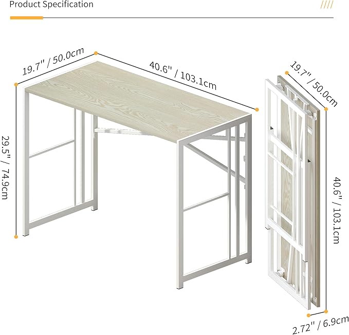 40 inch Folding Desk, Writing Gaming Computer Camping Desk, No Assembly Required Home Office Table, Natural and White - LeafyLoom