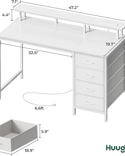 47 Inch Computer Desk with Power Outlets and LED Lights, Gaming Desk with 4 Drawers, Office Desk with Monitor Stand, Study Desk Work Desk for Home Office, Small Spaces, White - LeafyLoom