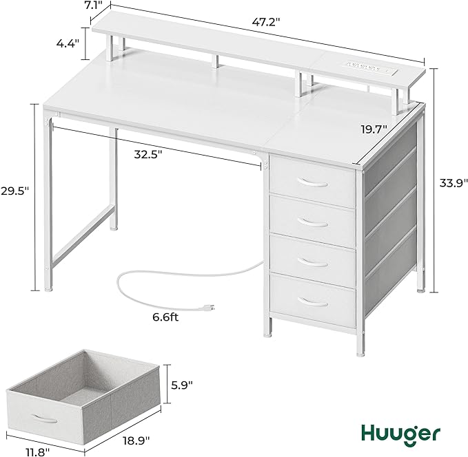 47 Inch Computer Desk with Power Outlets and LED Lights, Gaming Desk with 4 Drawers, Office Desk with Monitor Stand, Study Desk Work Desk for Home Office, Small Spaces, White - LeafyLoom