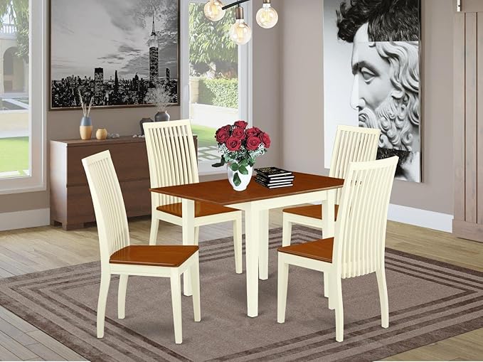 East West Furniture NDIP5-WHI-W Norden 5 Piece Room Furniture Set Includes a Rectangle Dining Table with Dropleaf and 4 Wood Seat Chairs, 30x48 Inch, Buttermilk & Cherry - LeafyLoom