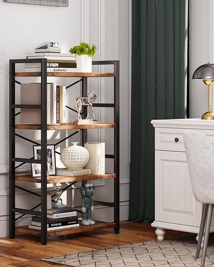 Bookshelf, 4 Tier Small Bookcase, Organizers and Storage, Metal Small Bookcase, Rustic Book Shelf Organization and Storage for Living Room, Bedroom, and Home Office(Rustic Brown) - LeafyLoom