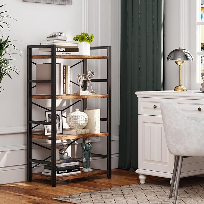 Bookshelf, 4 Tier Small Bookcase, Organizers and Storage, Metal Small Bookcase, Rustic Book Shelf Organization and Storage for Living Room, Bedroom, and Home Office(Rustic Brown) - LeafyLoom