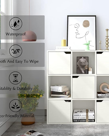 9-Cube Storage Shelf Bookcase - Wooden 3-Tier Floor Standing Open Bookshelf with Doors for Home and Office, Display Cabinet, Warm White - LeafyLoom