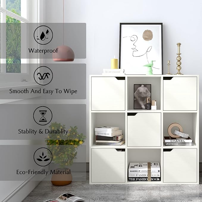 9-Cube Storage Shelf Bookcase - Wooden 3-Tier Floor Standing Open Bookshelf with Doors for Home and Office, Display Cabinet, Warm White - LeafyLoom