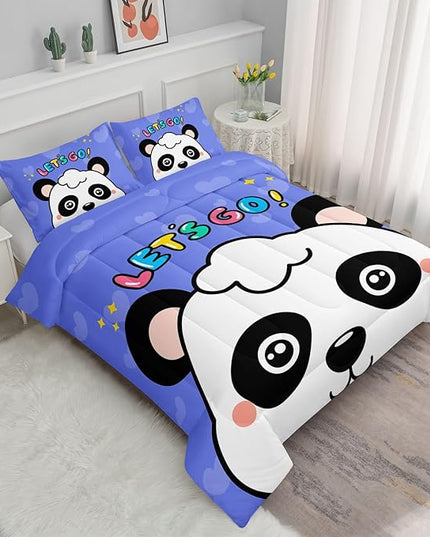 Datura home Panda Comforter Bedding Set for Boys Girls Kids Teens,Cartoon Panda Blue Heart Kawaii Animal Theme with 1 Comforter and 2 Pillowcases(Panda Full) - LeafyLoom