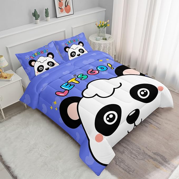 Datura home Panda Comforter Bedding Set for Boys Girls Kids Teens,Cartoon Panda Blue Heart Kawaii Animal Theme with 1 Comforter and 2 Pillowcases(Panda Full) - LeafyLoom
