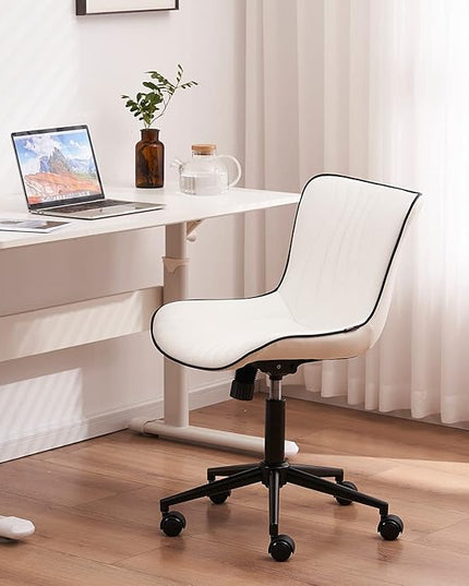 YOUNIKE Office Chair, Armless Desk Chair with Wheels, Home Office Computer Task Chairs, Modern Faux Leather Upholstered Vanity Chair, Adjustable Swivel Rocking Office Chair with Back, White - LeafyLoom