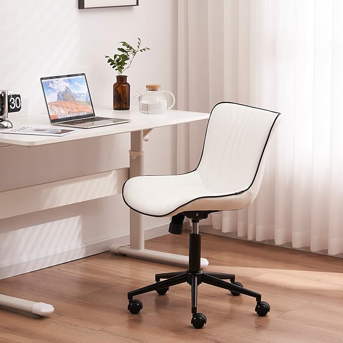 YOUNIKE Office Chair, Armless Desk Chair with Wheels, Home Office Computer Task Chairs, Modern Faux Leather Upholstered Vanity Chair, Adjustable Swivel Rocking Office Chair with Back, White - LeafyLoom