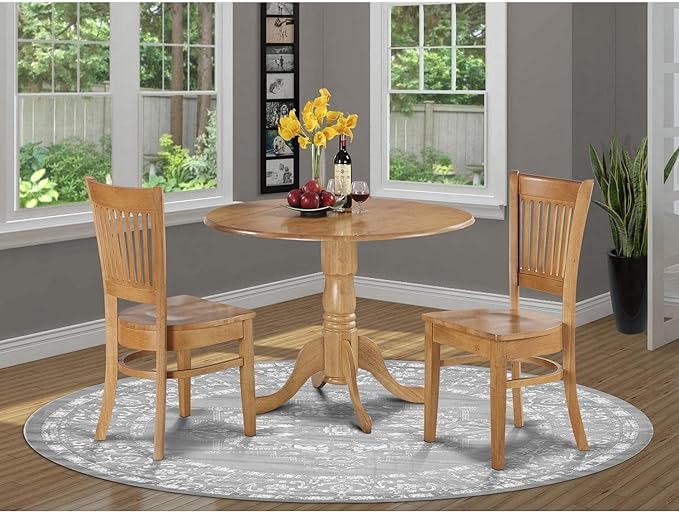 East West Furniture DLVA3-OAK-W Dublin 3 Piece Set for Small Spaces Contains a Round Dining Room Table with Dropleaf and 2 Wooden Seat Chairs, 42x42 Inch - LeafyLoom