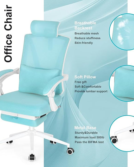 Misolant Ergonomic Office Chair with Footrest, Ergonomic Desk Chair with Adjustable 2D Lumbar Support, High Back Office Chair with Adjustable Headrest, Comfortable Executive Office Chair -Blue - LeafyLoom
