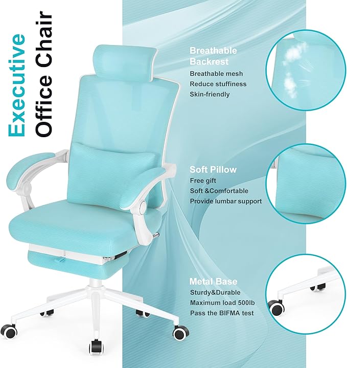 Misolant Ergonomic Office Chair with Footrest, Ergonomic Desk Chair with Adjustable 2D Lumbar Support, High Back Office Chair with Adjustable Headrest, Comfortable Executive Office Chair -Blue - LeafyLoom