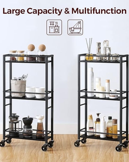 Slim Rolling Cart, Mobile Kitchen Cart on Wheels, Narrow Storage Cart for Small Space, Wooden Service Cart, for Bathroom, Laundry, Living Room, Black RCHB1501 - LeafyLoom