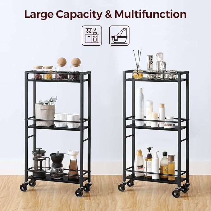 Slim Rolling Cart, Mobile Kitchen Cart on Wheels, Narrow Storage Cart for Small Space, Wooden Service Cart, for Bathroom, Laundry, Living Room, Black RCHB1501 - LeafyLoom