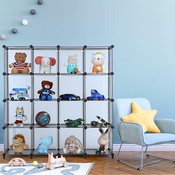 ANWBROAD Cube Storage Organizer, 16-Cube Cubby Shelving Book Shelf Living Room, Closet Clothes organizers, Kids Toys Craft Yarn Storage with Rubber Hammer for Bedroom Office Gray ULCS016H - LeafyLoom