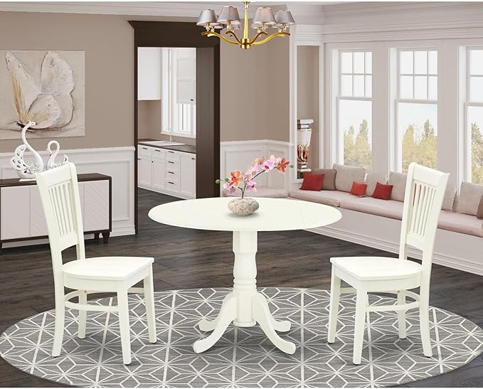 East West Furniture Dublin 3 Piece Modern Set Contains a Round Wooden Table with Dropleaf and 2 Dining Room Chairs, 42x42 Inch, Linen White - LeafyLoom