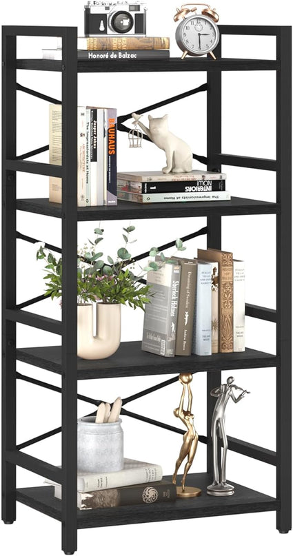 Yoobure 4 Tier Bookshelf - Small Book Shelf Industrial Bookcase, Narrow Book Case Book Storage Organizer for CD/Movie/Book, Bookshelves for Bedroom Office Living Room Black - LeafyLoom