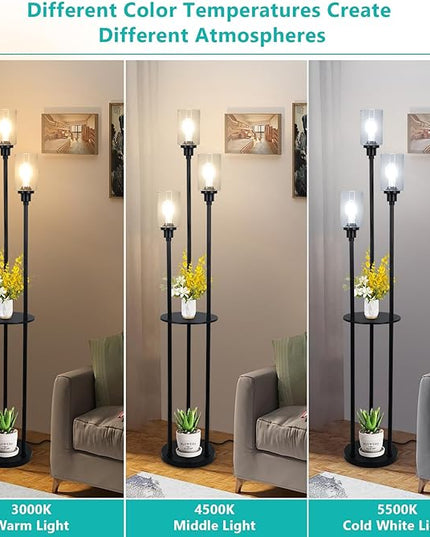 HMVPL Floor Lamps for Living Room, 3-Lights Modern Floor Lamp with Shelves, Farmhouse Standing Lamp with Glass Shades, On/Off Foot Switch, Black Industrial Tall Lamp for Bedroom Office Corner(66") - LeafyLoom