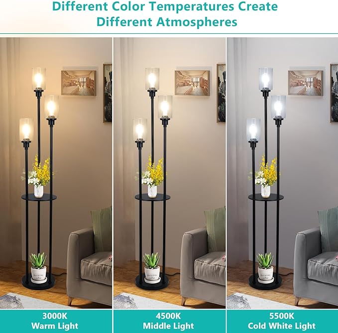 HMVPL Floor Lamps for Living Room, 3-Lights Modern Floor Lamp with Shelves, Farmhouse Standing Lamp with Glass Shades, On/Off Foot Switch, Black Industrial Tall Lamp for Bedroom Office Corner(66") - LeafyLoom