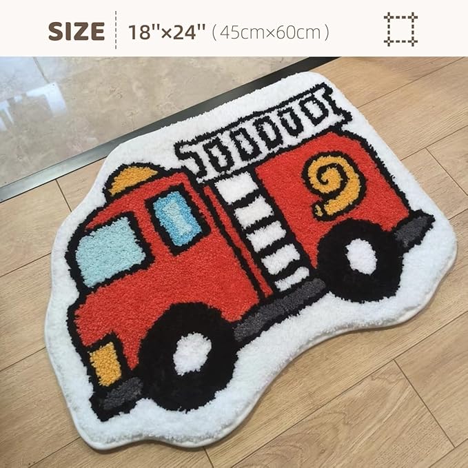 Bedroom or Bathroom Rug for kids - 24x16 in; 100% Soft Microfiber Kids Bathroom Mat; Decorative Kids Area Rug, for Boys Girls Kids, 18x24 Inches (Firetruck) - LeafyLoom