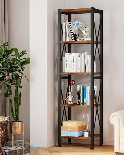 5-Tier Narrow Bookshelf, Ladder Bookshelf, Tall Bookshelf for Bedroom with Open Shelves, Office Bookshelf, Industrial Standing Bookshelf for Bedroom, Living Room and Home Office - LeafyLoom