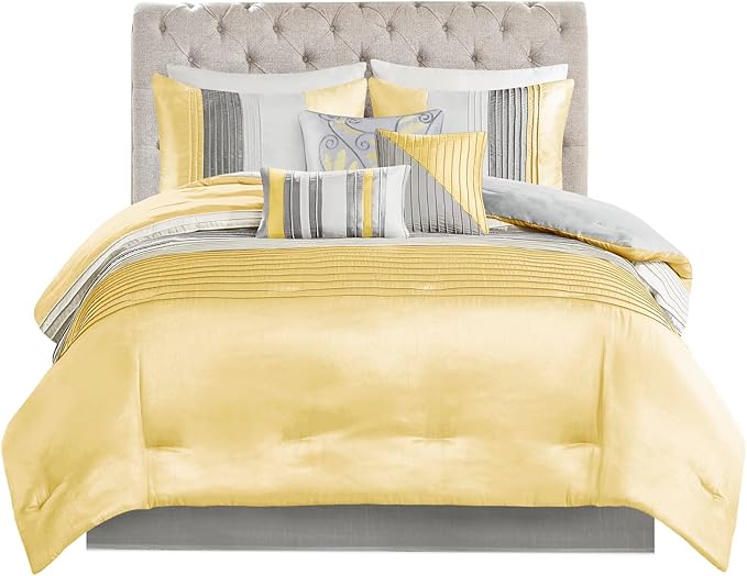 Madison Park Amherst Faux Silk Comforter Set-Casual Contemporary Design All Season Down Alternative Bedding, Matching Shams, Bedskirt, Decorative Pillows, King(104"x92"), Yellow, 7 Piece (MP10-2449) - LeafyLoom