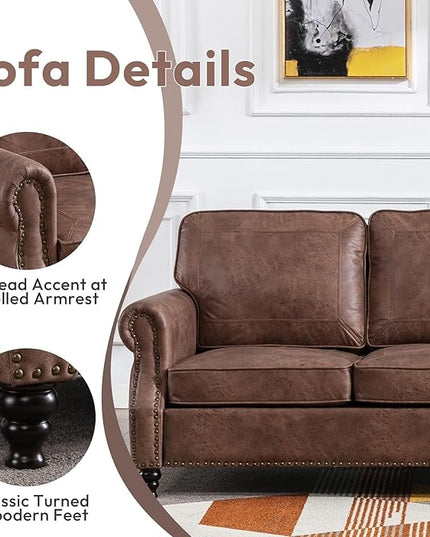 Dreamsir 79'' Traditional Faux Leather Sofa, 3 Seater Leather Couch with Nailhead Trim and Rolled Arms, Classic Couches for Living Room, Apartment, Bedroom, Easy to Install（Dark Brown） - LeafyLoom