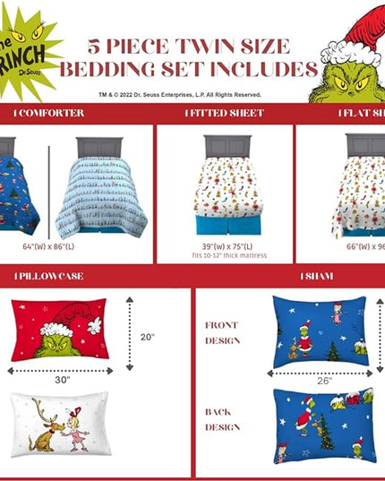 Franco Grinch by Dr. Seuss Holiday & Christmas Bedding Soft Comforter and Sheet Set with Sham, 5 Piece Twin Size, (Official Dr. Seuss Product) - LeafyLoom