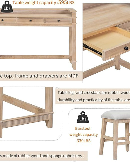 NicBex Kitchen Table Chairs Set of 4 Dining Table Set 4-Piece Dining Bar Table Set with 3 Upholstered Stools, Multifunctional Dining Table with 3 Drawers, Natural Wood Wash - LeafyLoom