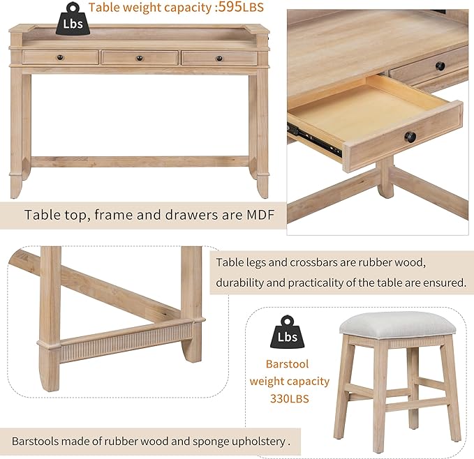 NicBex Kitchen Table Chairs Set of 4 Dining Table Set 4-Piece Dining Bar Table Set with 3 Upholstered Stools, Multifunctional Dining Table with 3 Drawers, Natural Wood Wash - LeafyLoom
