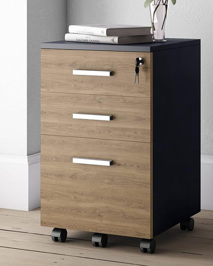 Lazio File Cabinet with Lock - Filing Cabinet for Home and Office - 3 Drawer Small Rolling File Cabinet -Wood Printer Stand with Storage for A4 Size/Legal Documents, File Folders (Cass Walnut/Black) - LeafyLoom