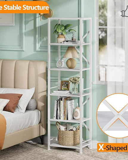 Furologee White Tall Bookshelf, Narrow Bookcase with 6 Shelves, Modern Freestanding Shelf Units, Metal and Wood Display Storage Corner Rack Organizer for Living Room, Home Office, Hallway, Bathroom - LeafyLoom
