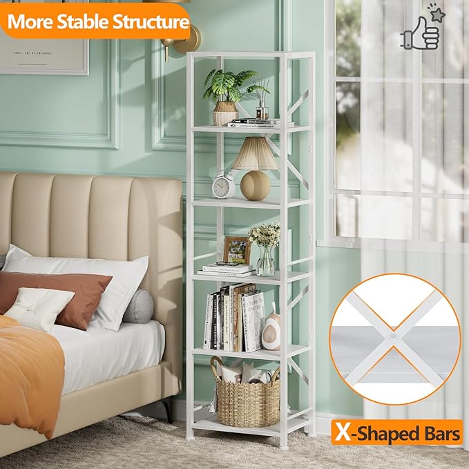 Furologee White Tall Bookshelf, Narrow Bookcase with 6 Shelves, Modern Freestanding Shelf Units, Metal and Wood Display Storage Corner Rack Organizer for Living Room, Home Office, Hallway, Bathroom - LeafyLoom