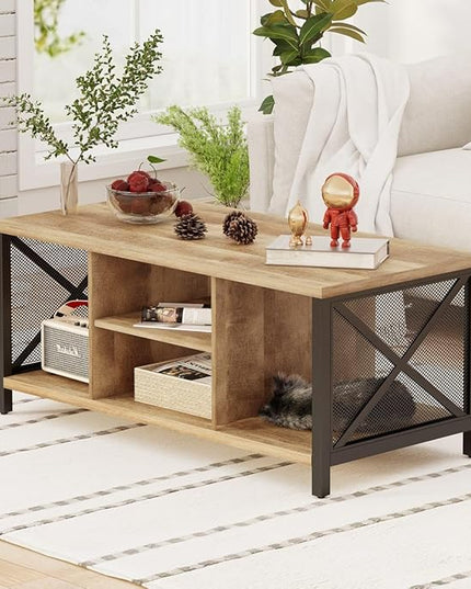 FATORRI Coffee Table for Living Room, Rustic Wood Center Table with Shelves, Farmhouse Rectangle Cocktail Tea Tables (Rustic Oak) - LeafyLoom