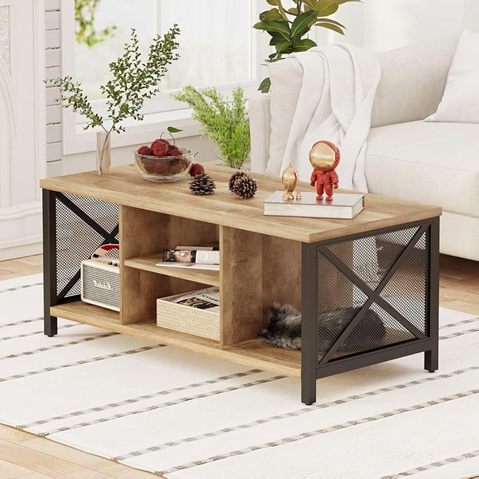 FATORRI Coffee Table for Living Room, Rustic Wood Center Table with Shelves, Farmhouse Rectangle Cocktail Tea Tables (Rustic Oak) - LeafyLoom