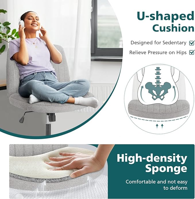 OLIXIS Cross Legged Armless Wide Adjustable Swivel Padded Home Office Desk Chair, Grey - LeafyLoom