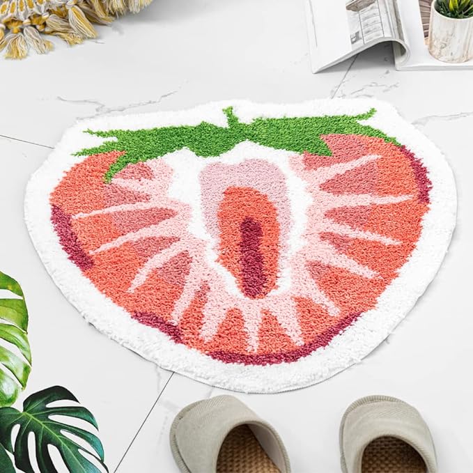 Strawberry Fruit Shaped Rug Fruits Bath Mat Rug Non-Slip Bathroom Door Mat for Bedroom Bathroom Kitchen Cartoon Area Rug for Shower Room Soft Bathmat Home Decor - LeafyLoom