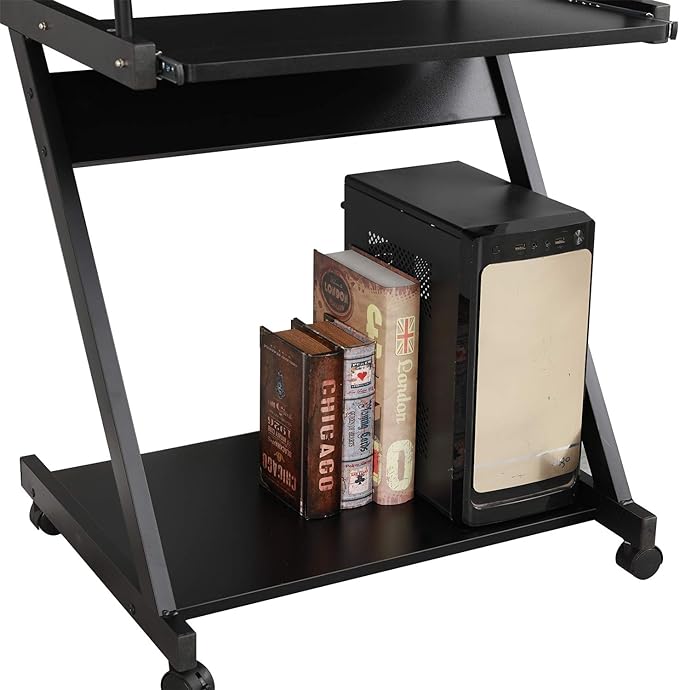 sogesfurniture Small Computer Desk on Wheels, Mobile Computer Desk Small Rolling Work Workstation with Printer Shelf and Keyboard Space Computer Workstation for Home and Office,Black - LeafyLoom