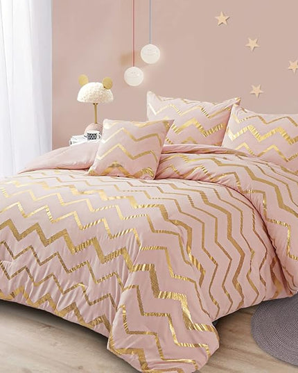 Pink Comforter Set Queen Size, Metallic Blush and Rose Gold Bedding Set, 4 Piece Lightweight Microfiber Bed Set for Teen Girls Women (2 Pillow Shams + 1 Decorative Pillow Sham) - LeafyLoom